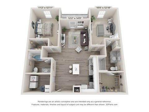 Floor plan for 2 beds, 2 baths, 1176 sqft